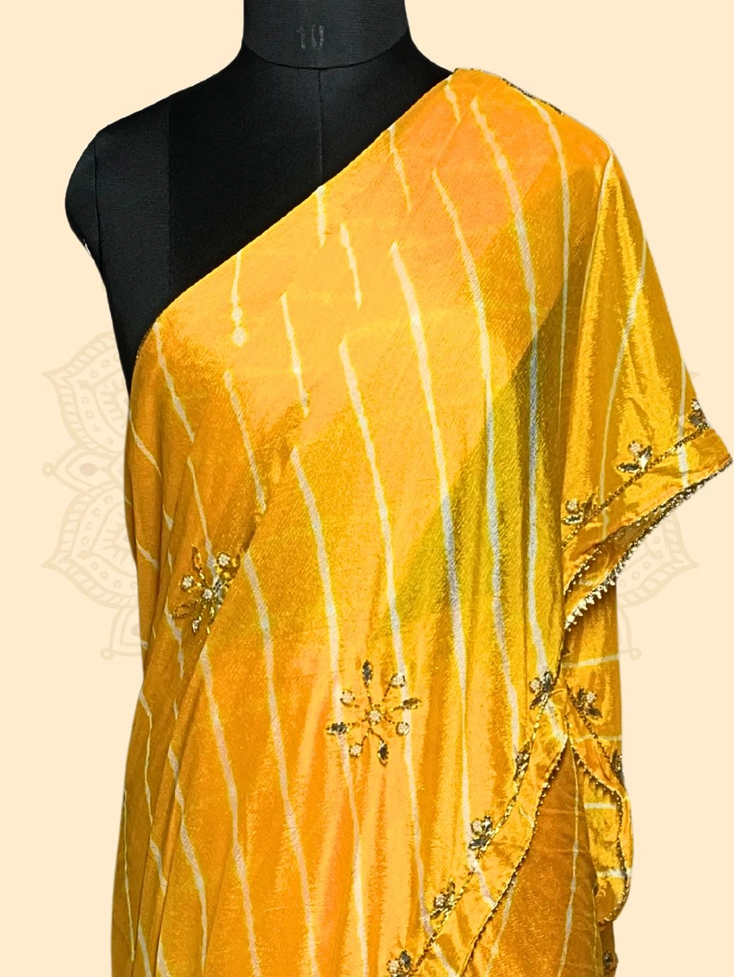 Leheriya Chinon Saree — Yellow - Image 2