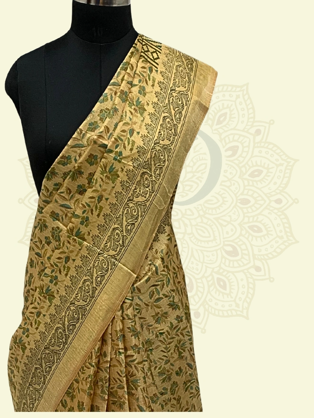 Bhagalpuri Silk (Handblock Floral Border) - Dark Yellow - Image 2