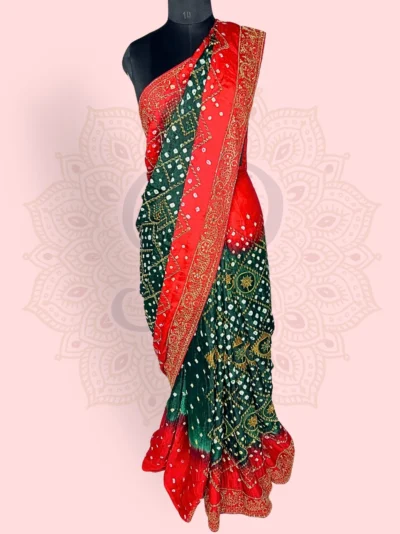 Bandhani Handwork Zari Saree (Red / Half-and-Half Green–Red)