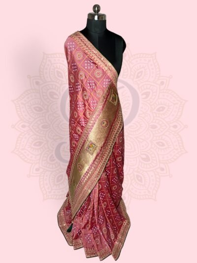 Zari Work — Gold Bandhej Elephant Motif Zari Silk Saree (Silk) Pink