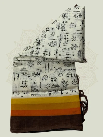 Satin Mulberry Silk — Tassels Warli Art (White)