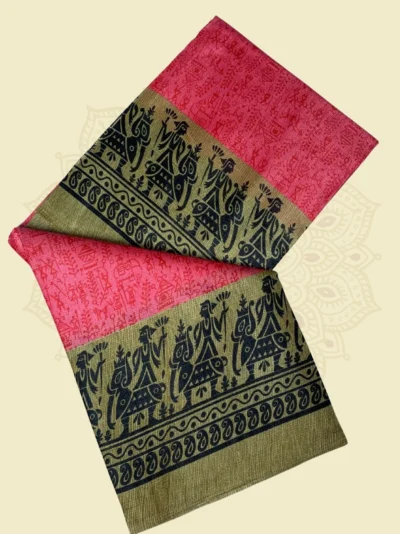 Maheshwari Silk Pink Warli Temple Story Art Saree