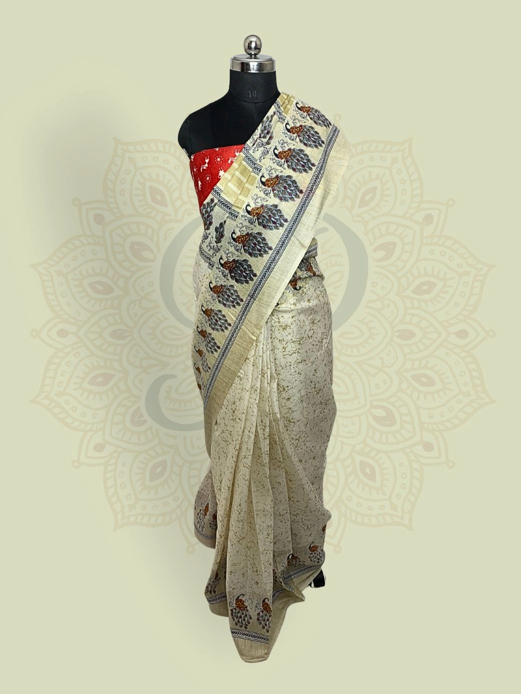 Maheshwari Silk — Peacock (Beige)
