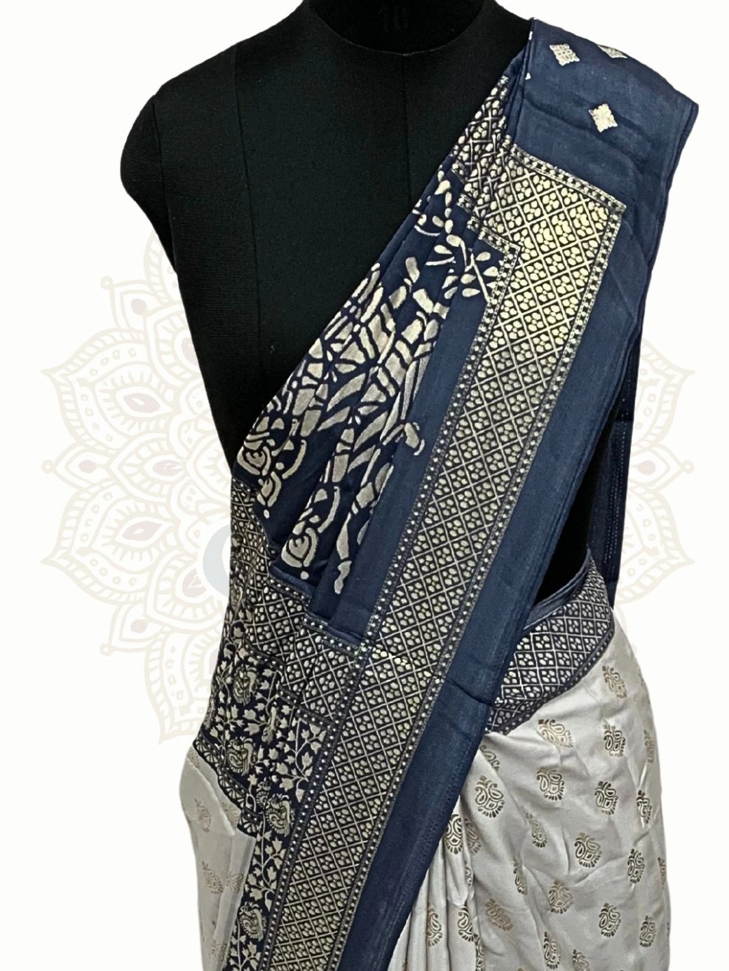 Maharani Katan Silk Grey Blue Accent Zari Border - Image 2