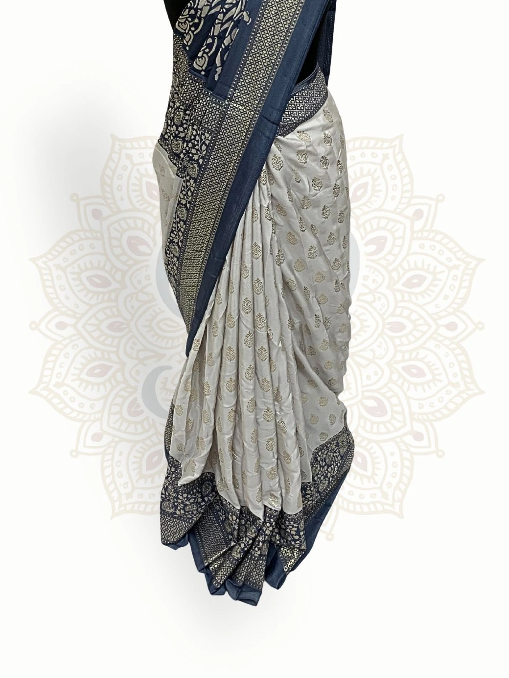 Maharani Katan Silk Grey Blue Accent Zari Border - Image 3