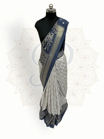 Maharani Katan Silk Grey Blue Accent Zari Border