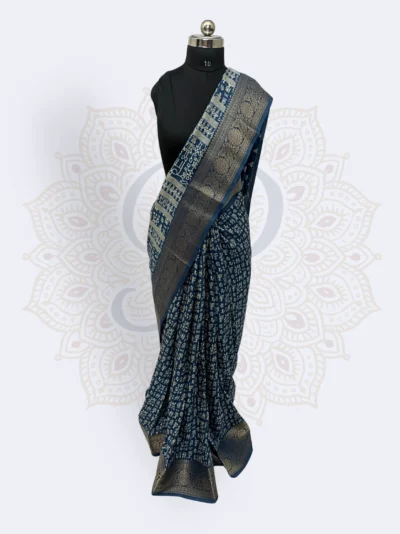 Warli Art (Cotton Silk, Zari Border ) — Navy Blue