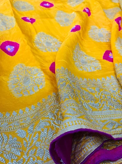 Zari Work — Dola Silk Bandhej Zari Buta Saree Yellow (Gulti Keri)