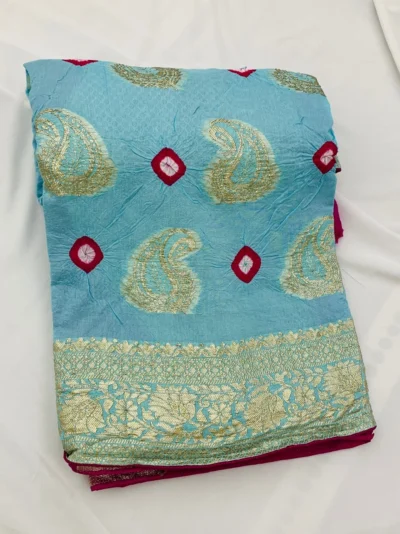 Zari Work — Dola Silk Bandhej Zari Buta Saree Blue (Gulti Keri)